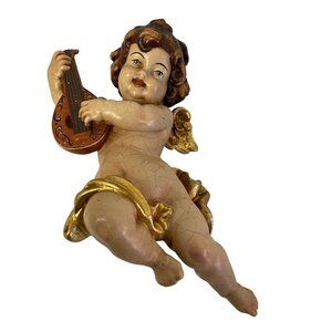 Vintage Angel Cherub Figurine With Mandolin Gold Accents 8" Wall Hanging Under O